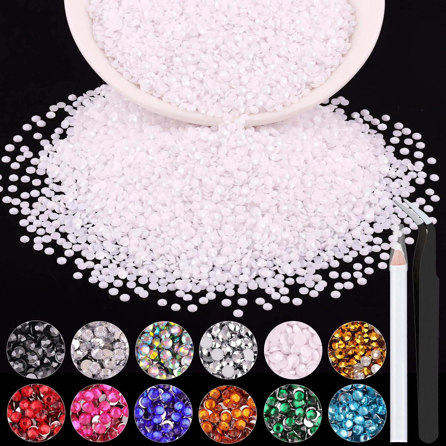 BELLEBOOST front packaging showing bulk white rhinestones and tools for easy project start