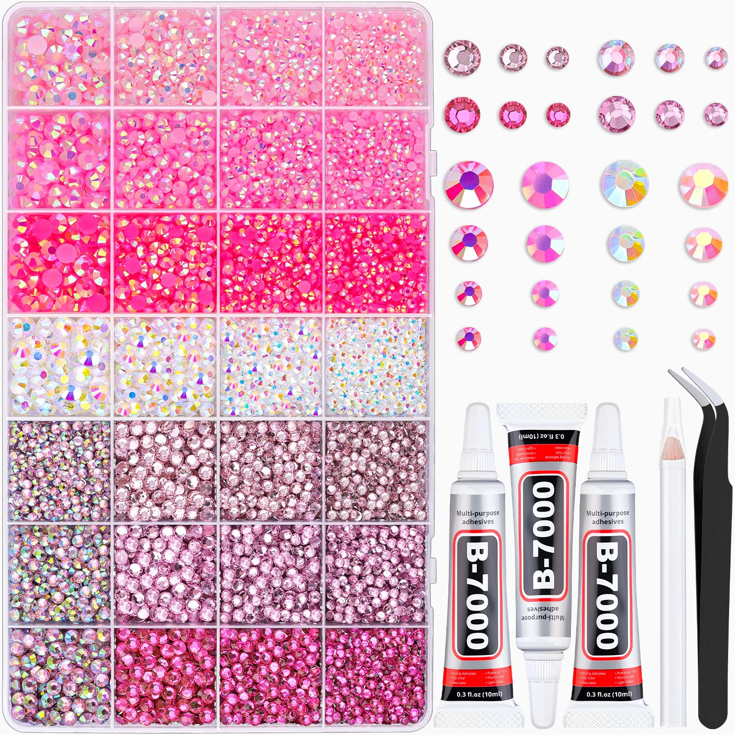 BELLEBOOST front packaging showing organized 28-grid rhinestone box and supplies for easy crafting