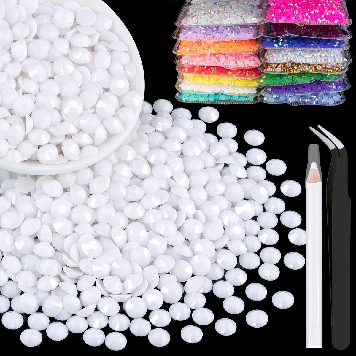 BELLEBOOST front packaging showing 2500 white 5mm rhinestones and tools for easy project start