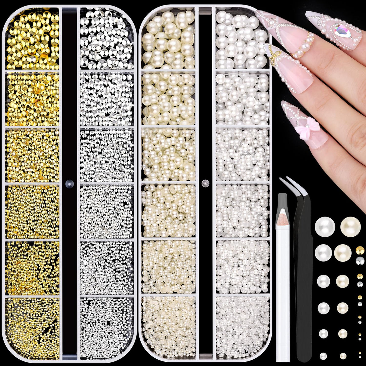 BELLEBOOST front packaging showing full 7500pcs nail charms kit and included tools