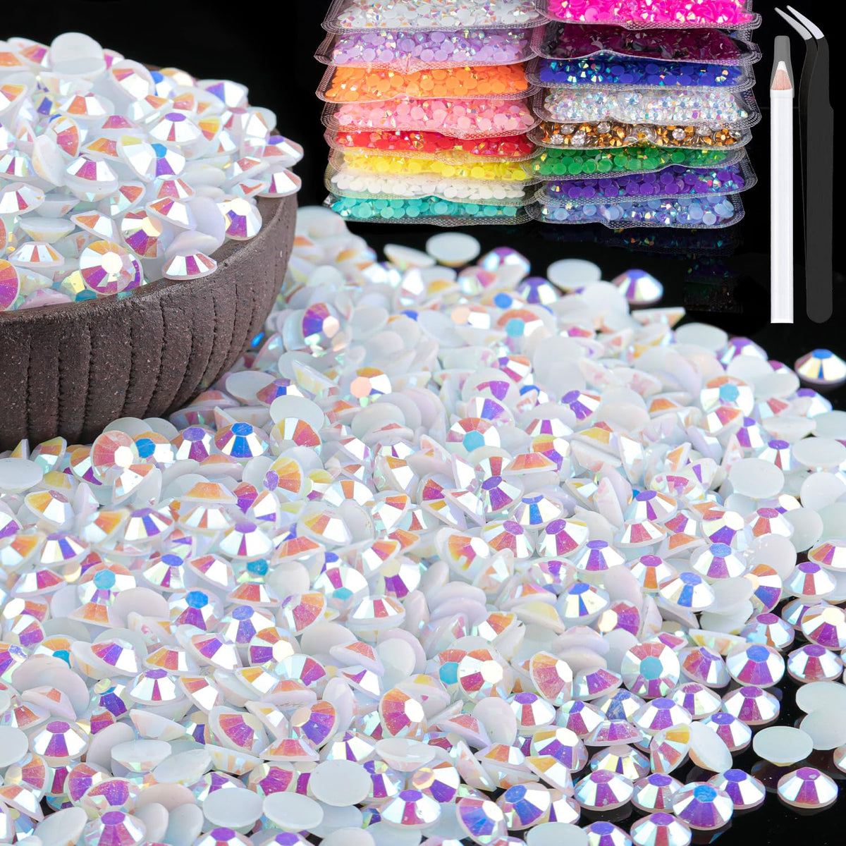 BELLEBOOST front packaging showing bulk 6000-piece rhinestone set and tools, clear overview benefit