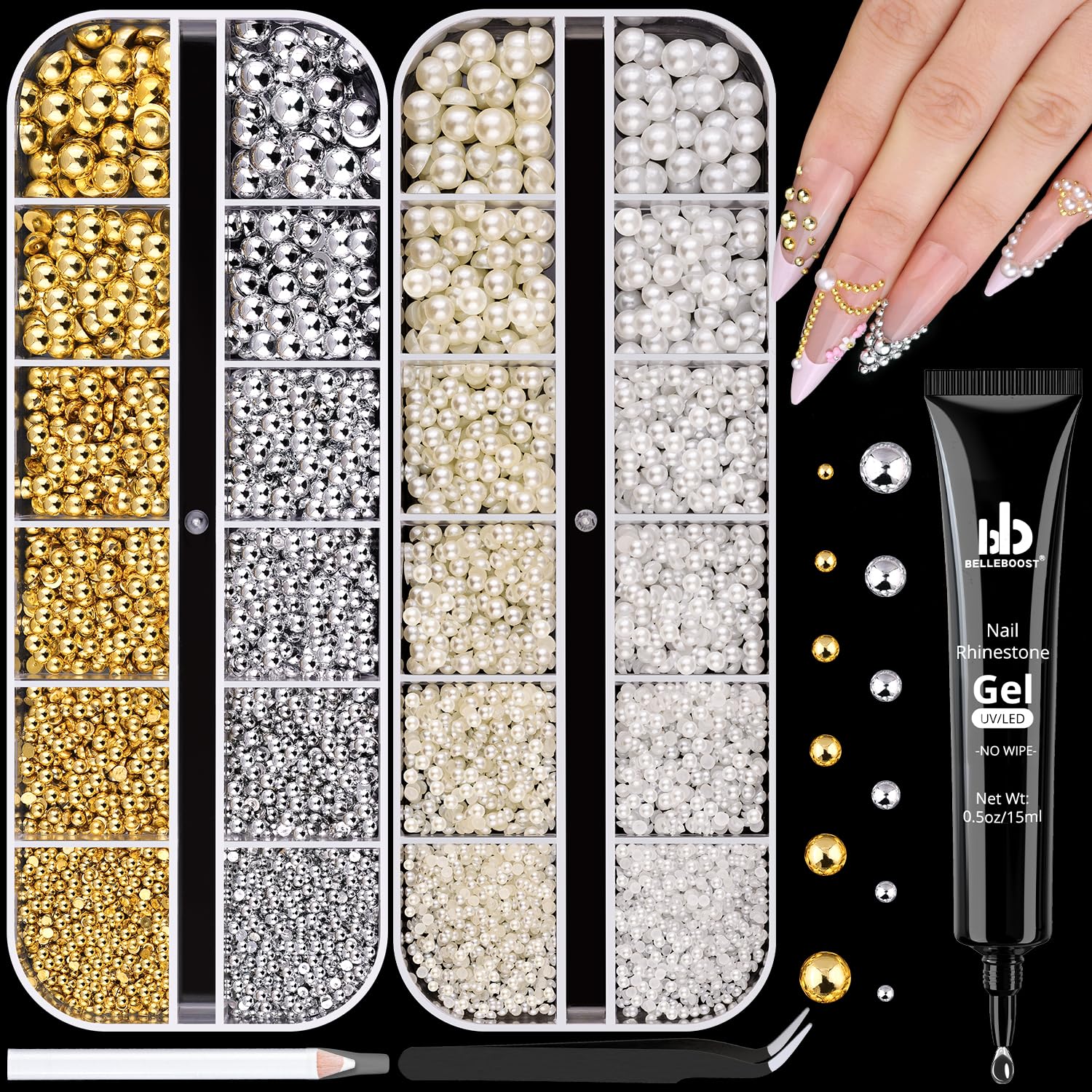 BELLEBOOST front boxed kit showing pearls and compartments for organized storage and quick access