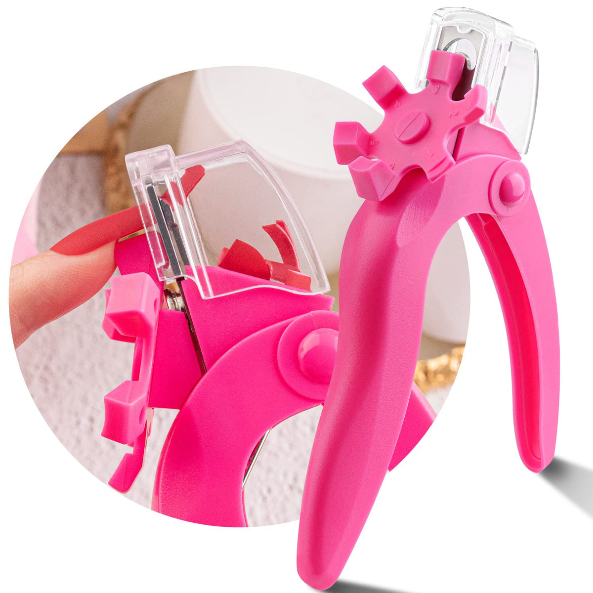 BELLEBOOST front view showing hot-pink clipper and clear cutter benefits quick identification