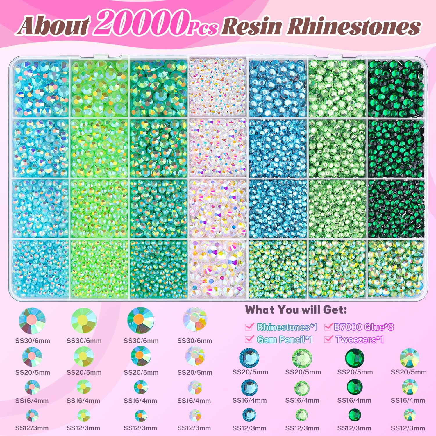 BELLEBOOST organized 28-grid contents displaying green rhinestone color variety for efficient use