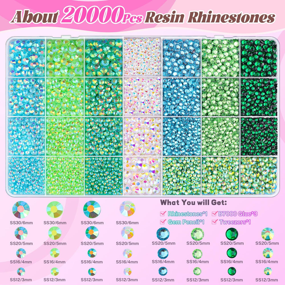 BELLEBOOST organized 28-grid contents displaying green rhinestone color variety for efficient use