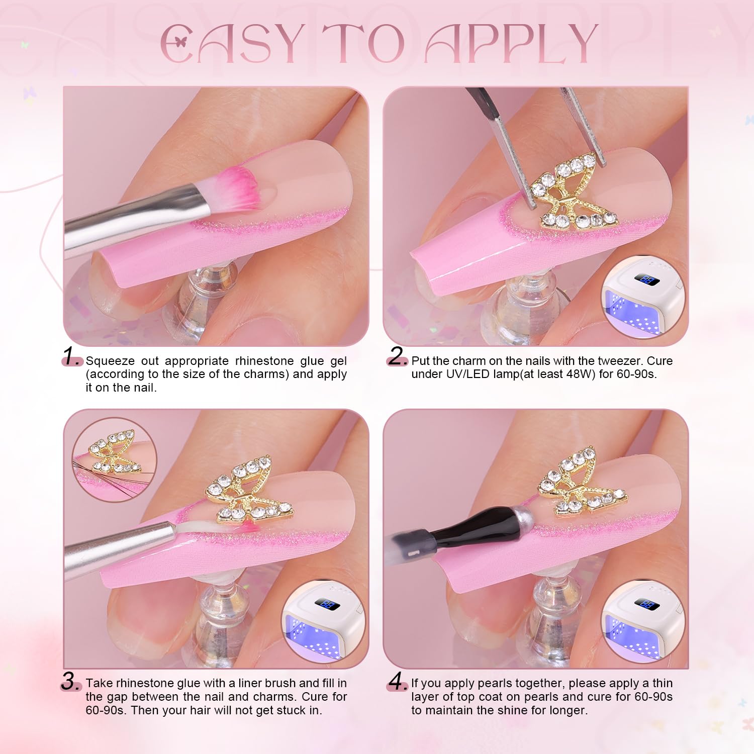 BELLEBOOST charms applied on a manicure illustrating finished Y2K nail look