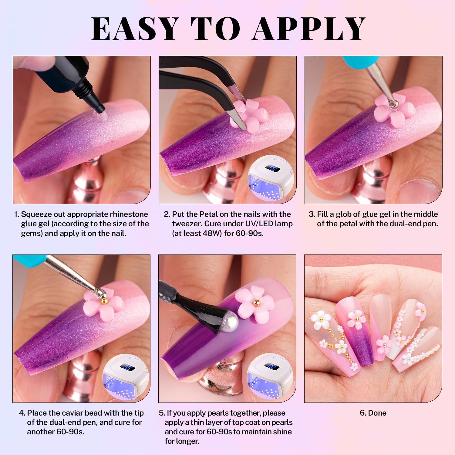 BELLEBOOST manicure in use with charms showing secure, cured embellishments