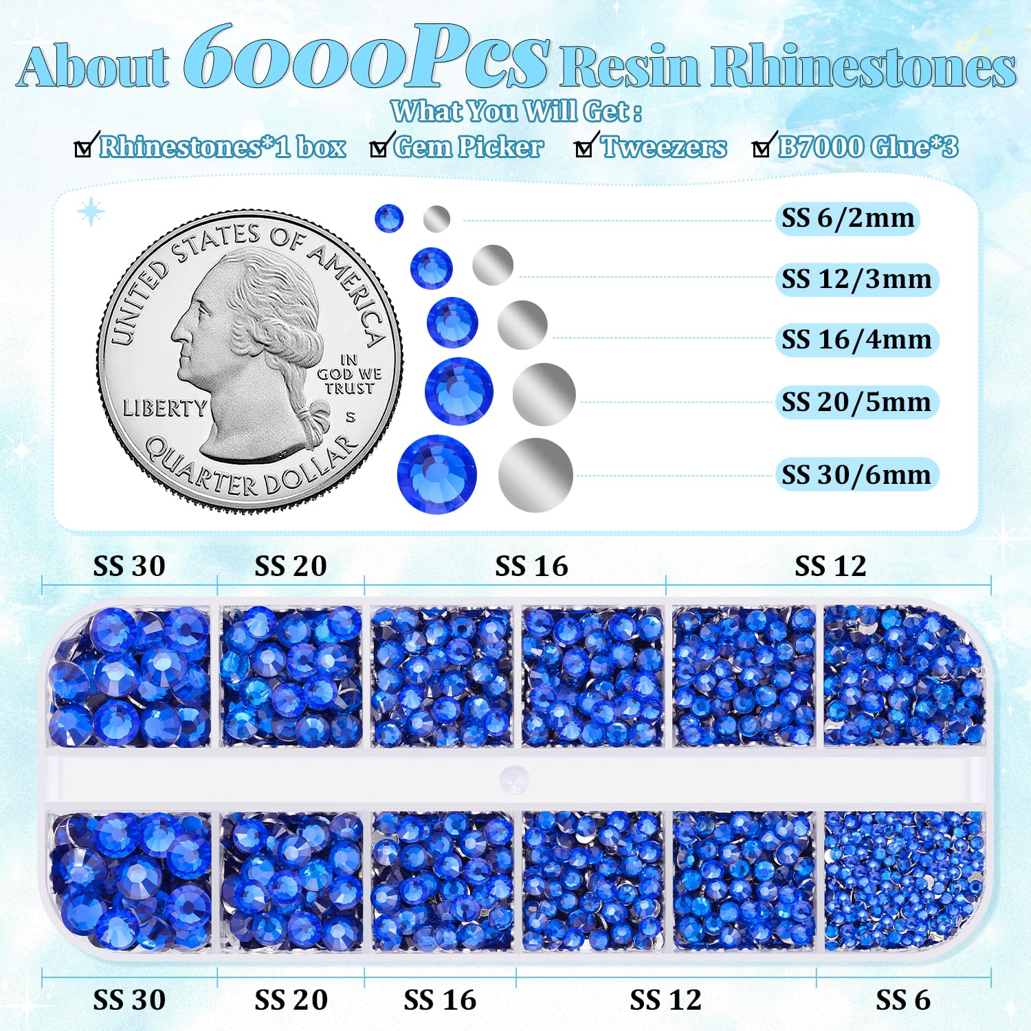 BELLEBOOST open trays with assorted royal blue rhinestone sizes for easy selection