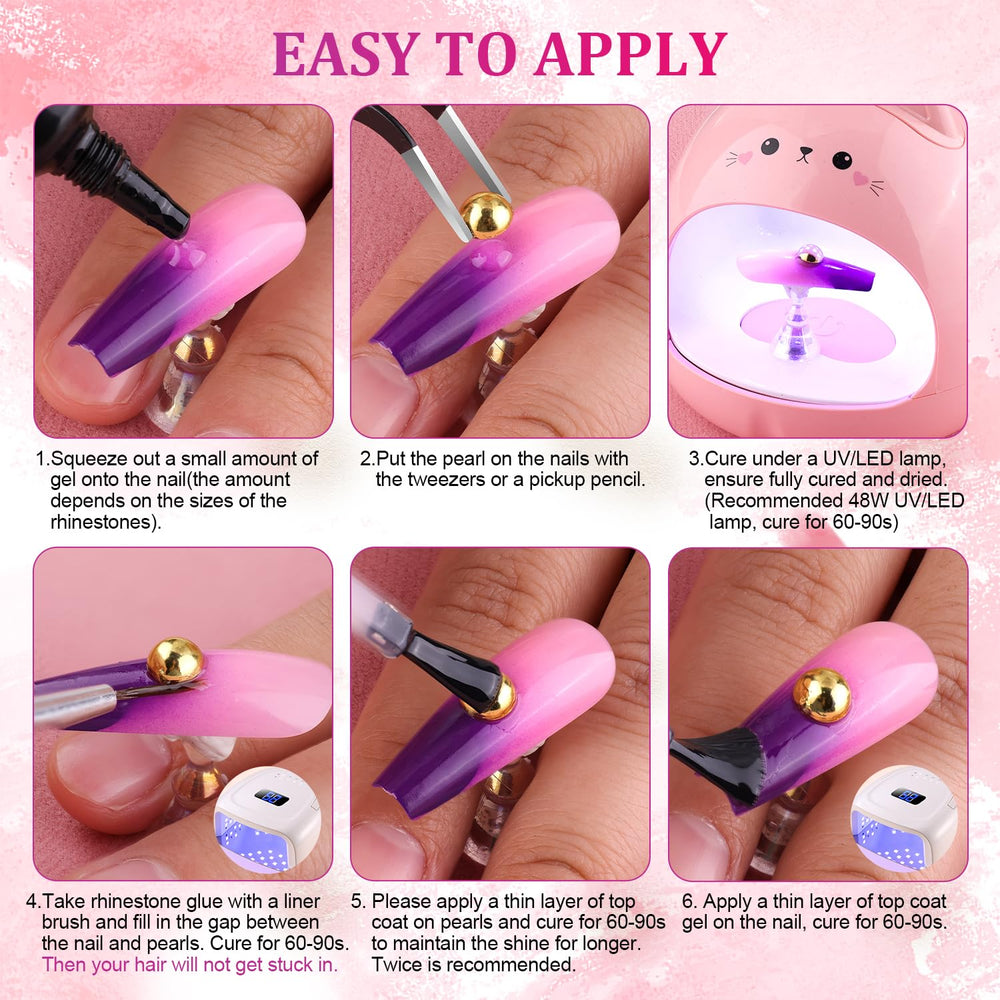 BELLEBOOST pearls being placed on a nail to illustrate quick application and professional finish