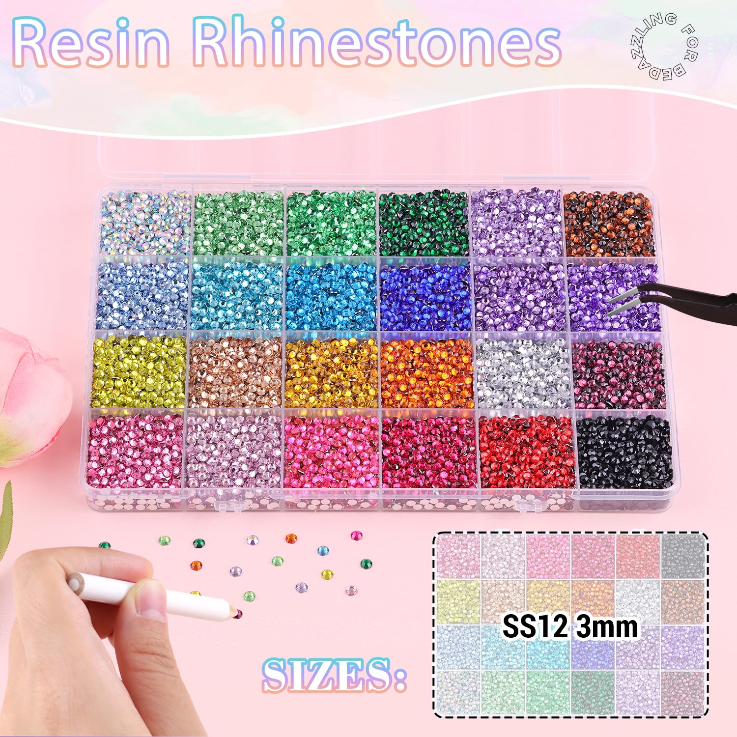 BELLEBOOST open compartments displaying multicolor 3mm gems for quick selection