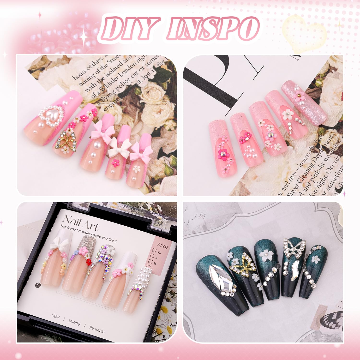 BELLEBOOST flatback pearl bow and heart charms highlighting girly accents for nails