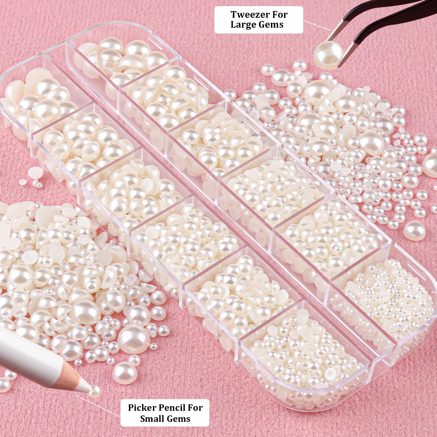 BELLEBOOST picker pencil and tweezer beside pearls for precise placement and speed