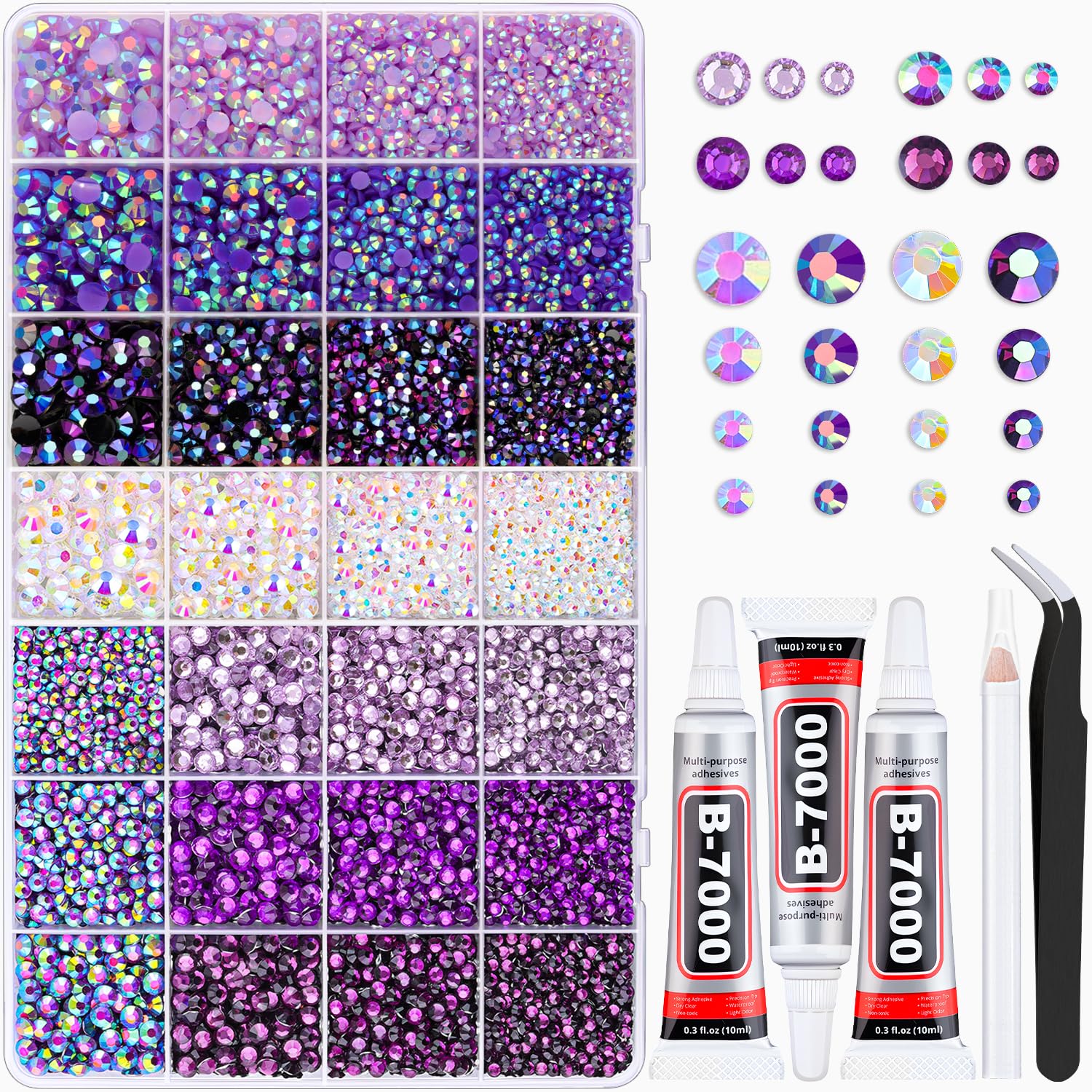 BELLEBOOST organizer box with 28 grids and 20000 purple rhinestones for tidy crafting