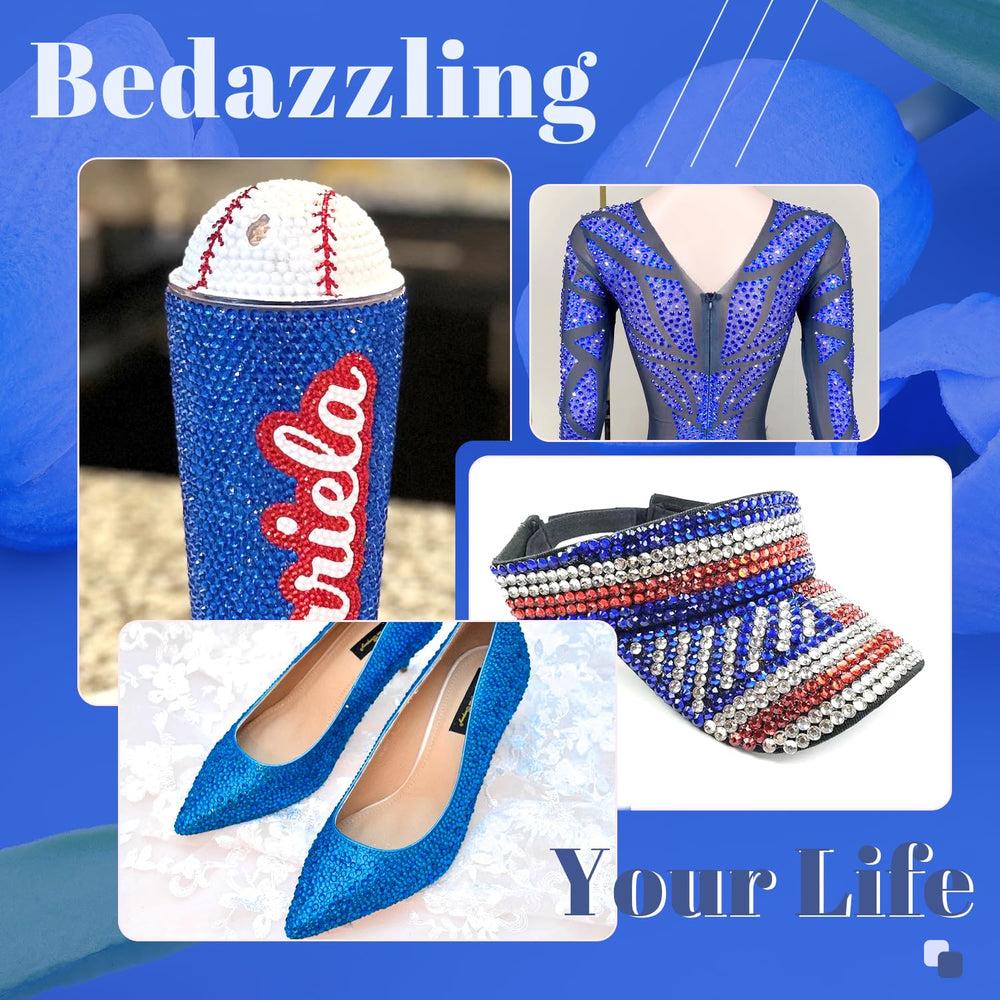BELLEBOOST royal blue gems adhered to a tumbler illustrating vibrant customized drinkware decor