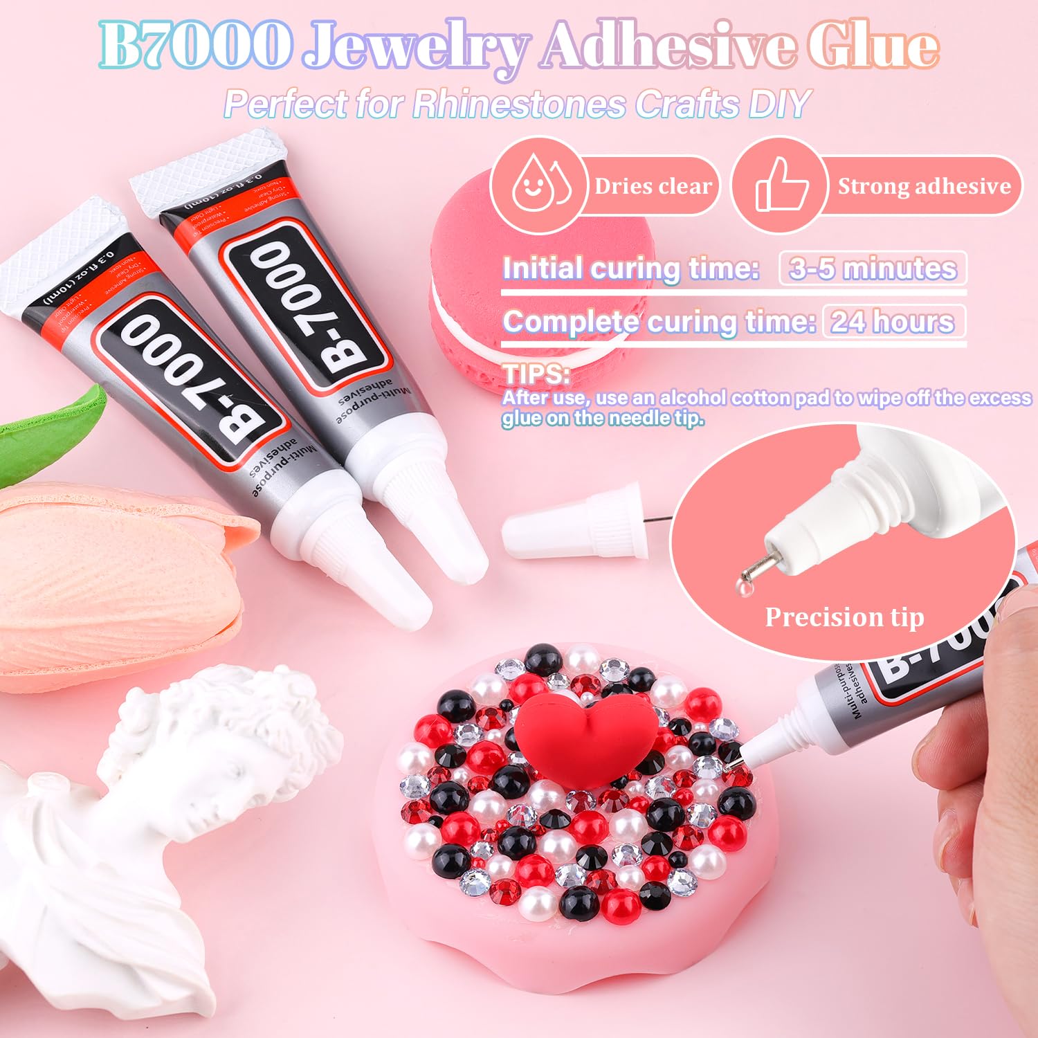 BELLEBOOST tools and glue layout showing tweezer picker and B7000 precision