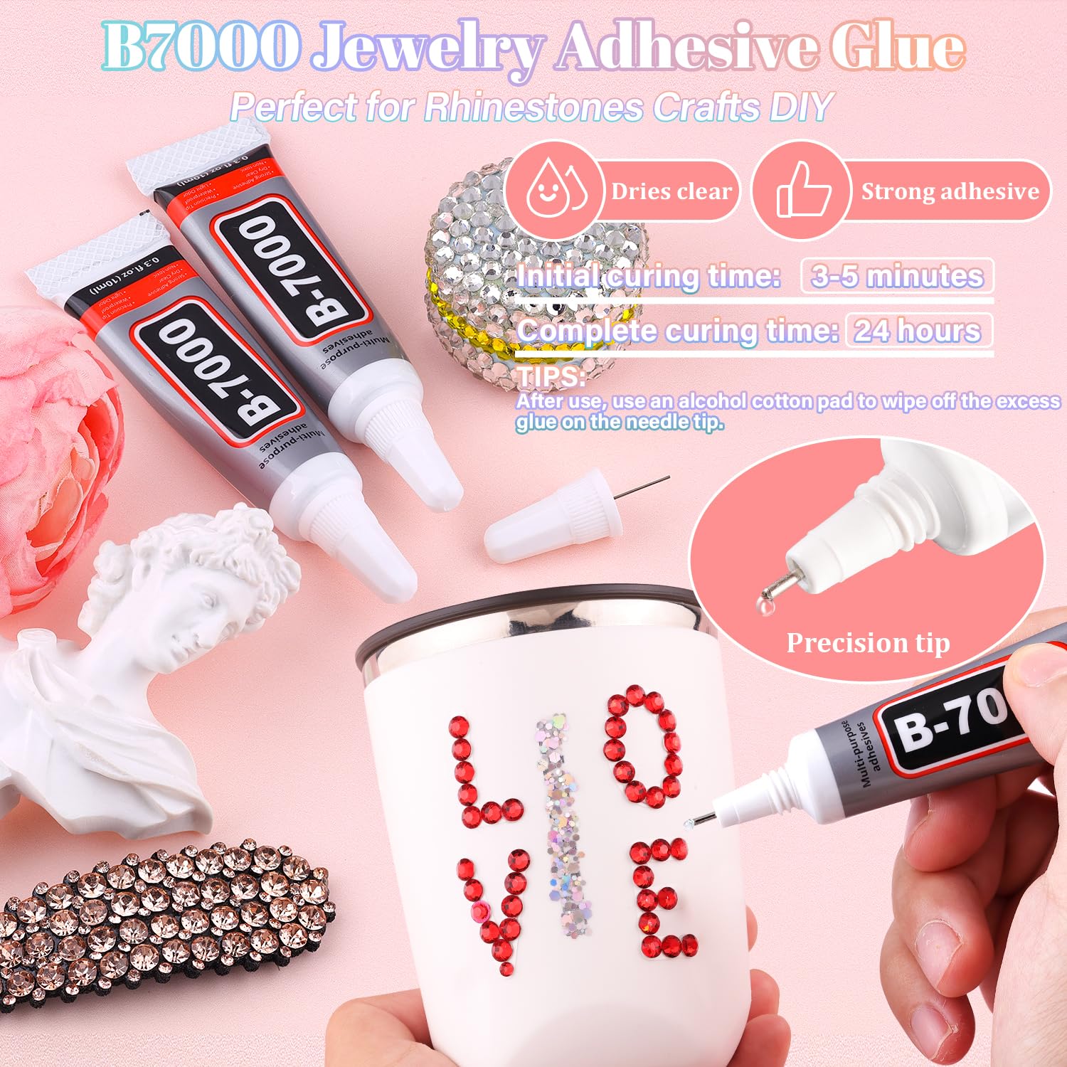 BELLEBOOST pickup pen tweezers and B7000 glue arranged for precise application