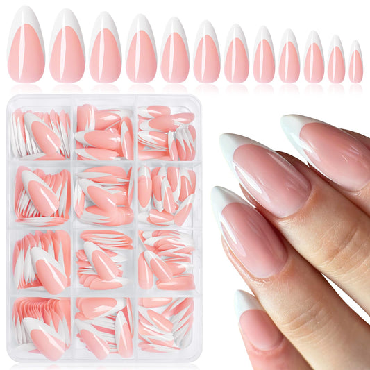Bellelfin front packaging showing 240-piece almond French tip kit and clear benefit