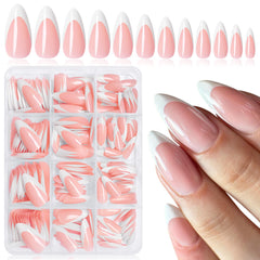 Bellelfin front packaging showing 240-piece almond French tip kit and clear benefit
