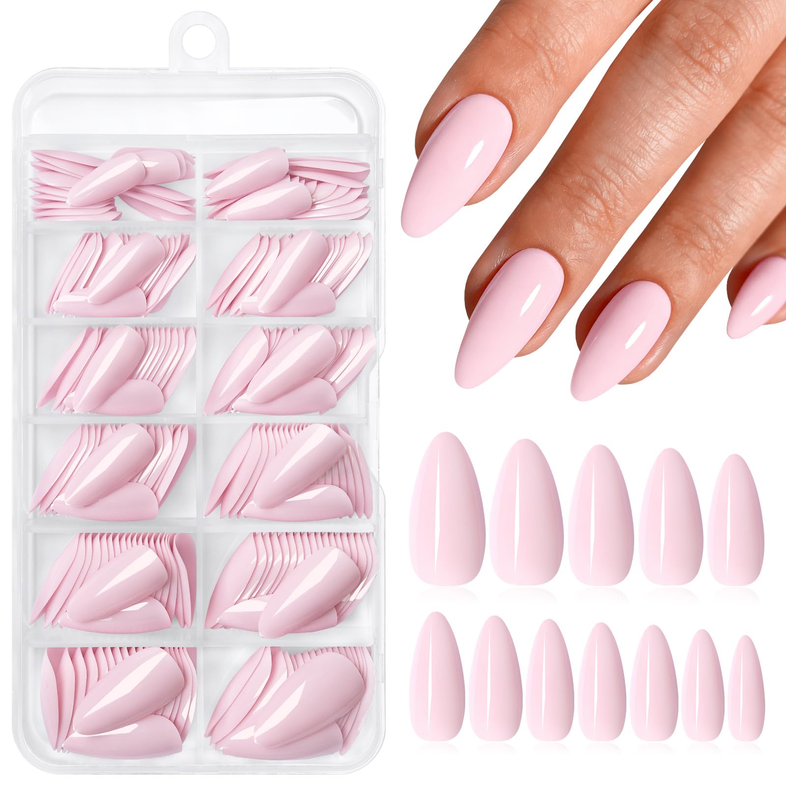 Bellelfin front packaging showing baby-pink almond nails and included tools for easy gifting