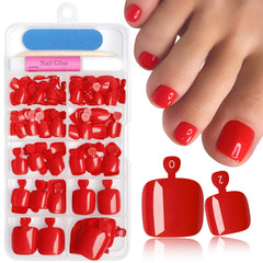 Bellelfin front packaging showing complete red press-on toenails kit, ready to use