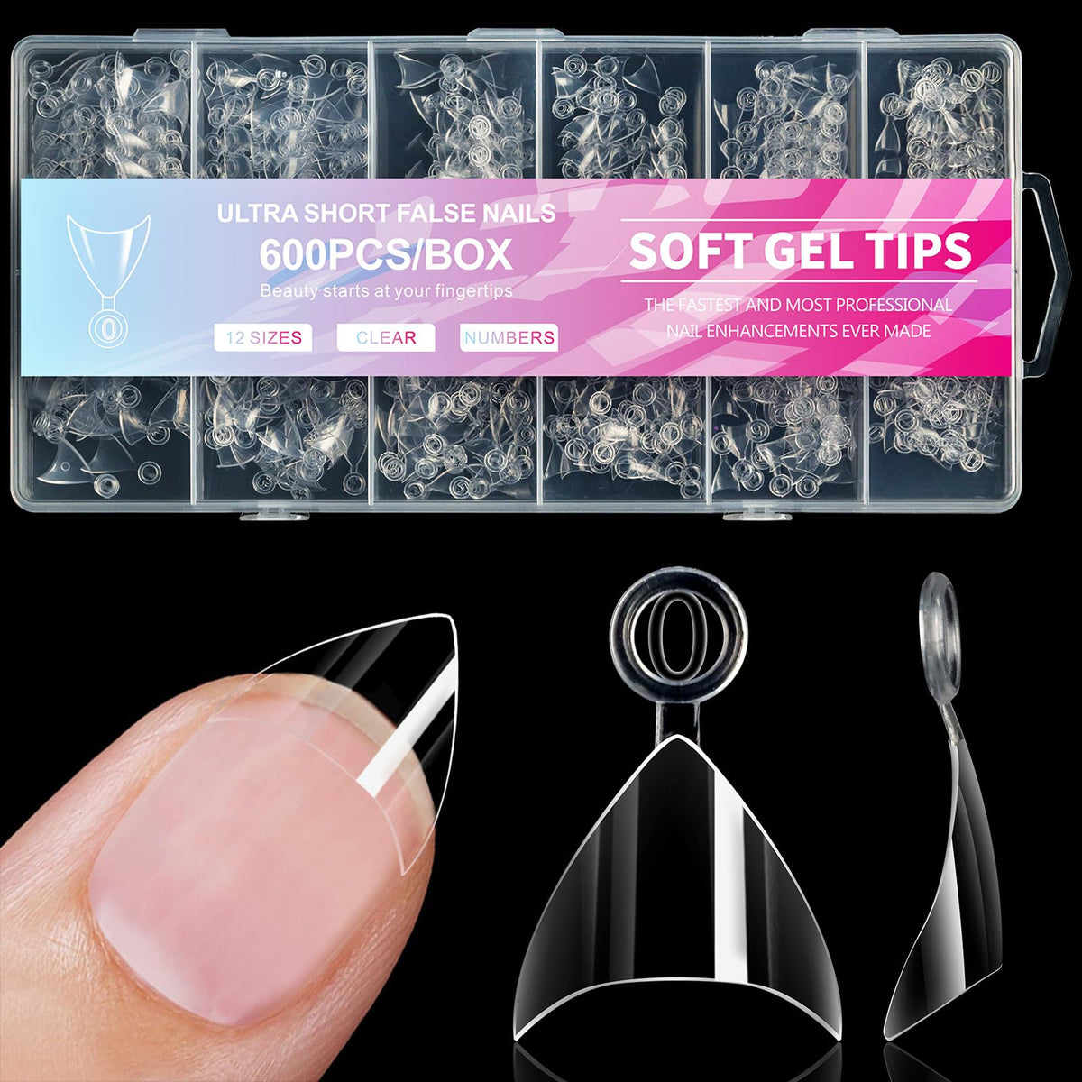 Bellelfin front packaging showing 600pcs clear stiletto tips and benefits