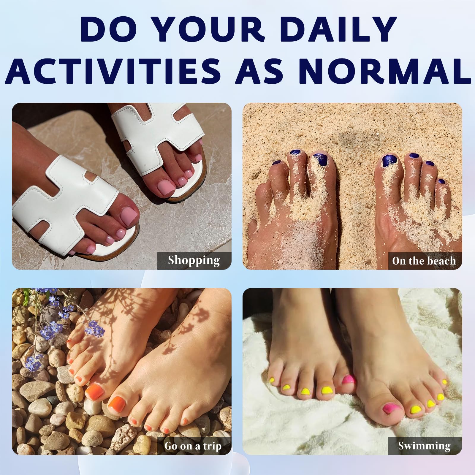 Bellelfin lifestyle shot of beach-ready feet with red press-on toenails for confidence