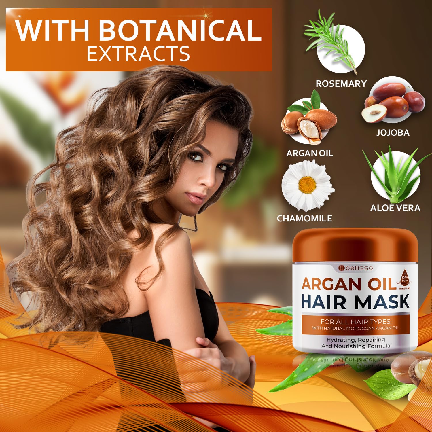 BELLISSO argan oil ingredient bottle beside mask emphasizing nourishment