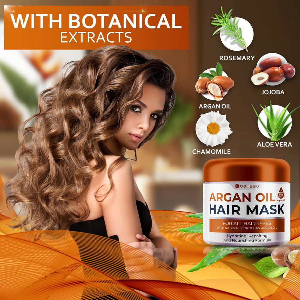BELLISSO argan oil ingredient bottle beside mask emphasizing nourishment