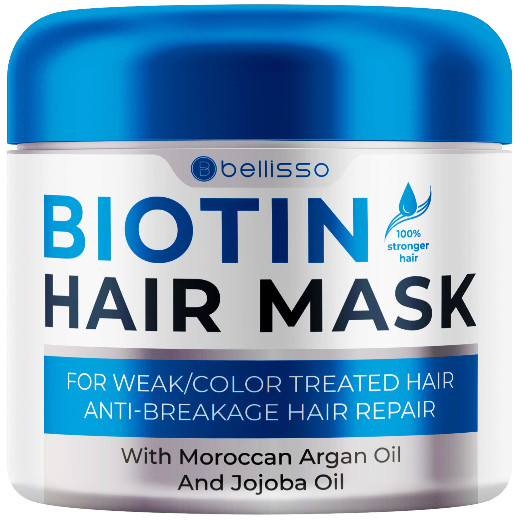 BELLISSO front jar biotin hair mask showing packaging and volume benefit