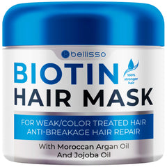BELLISSO front jar biotin hair mask showing packaging and volume benefit