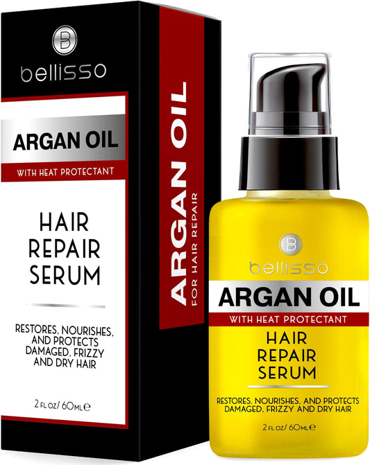 BELLISSO front label of Moroccan argan oil serum showing product and benefits