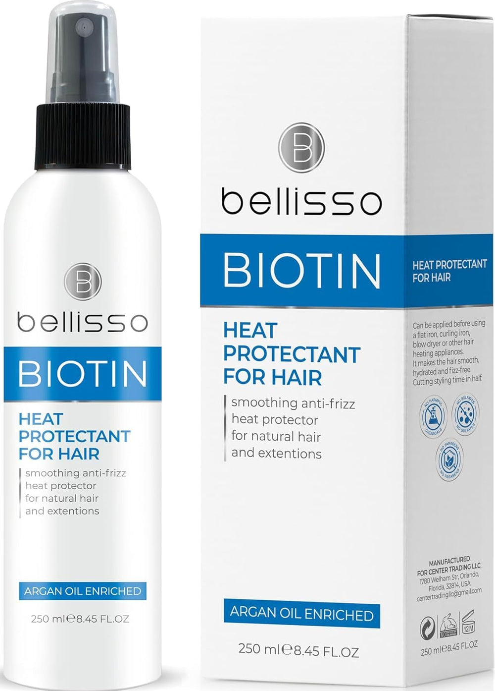 BELLISSO front packaging showing label and spray bottle for easy styling
