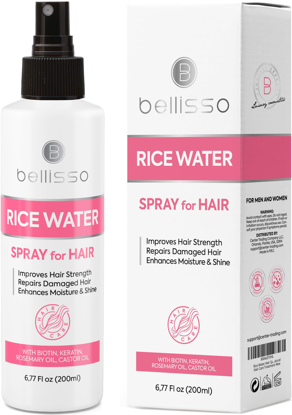 BELLISSO front packaging showing rice water spray for fuller hair benefit