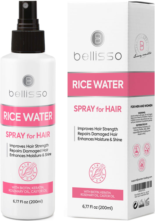 BELLISSO front packaging showing rice water spray for fuller hair benefit