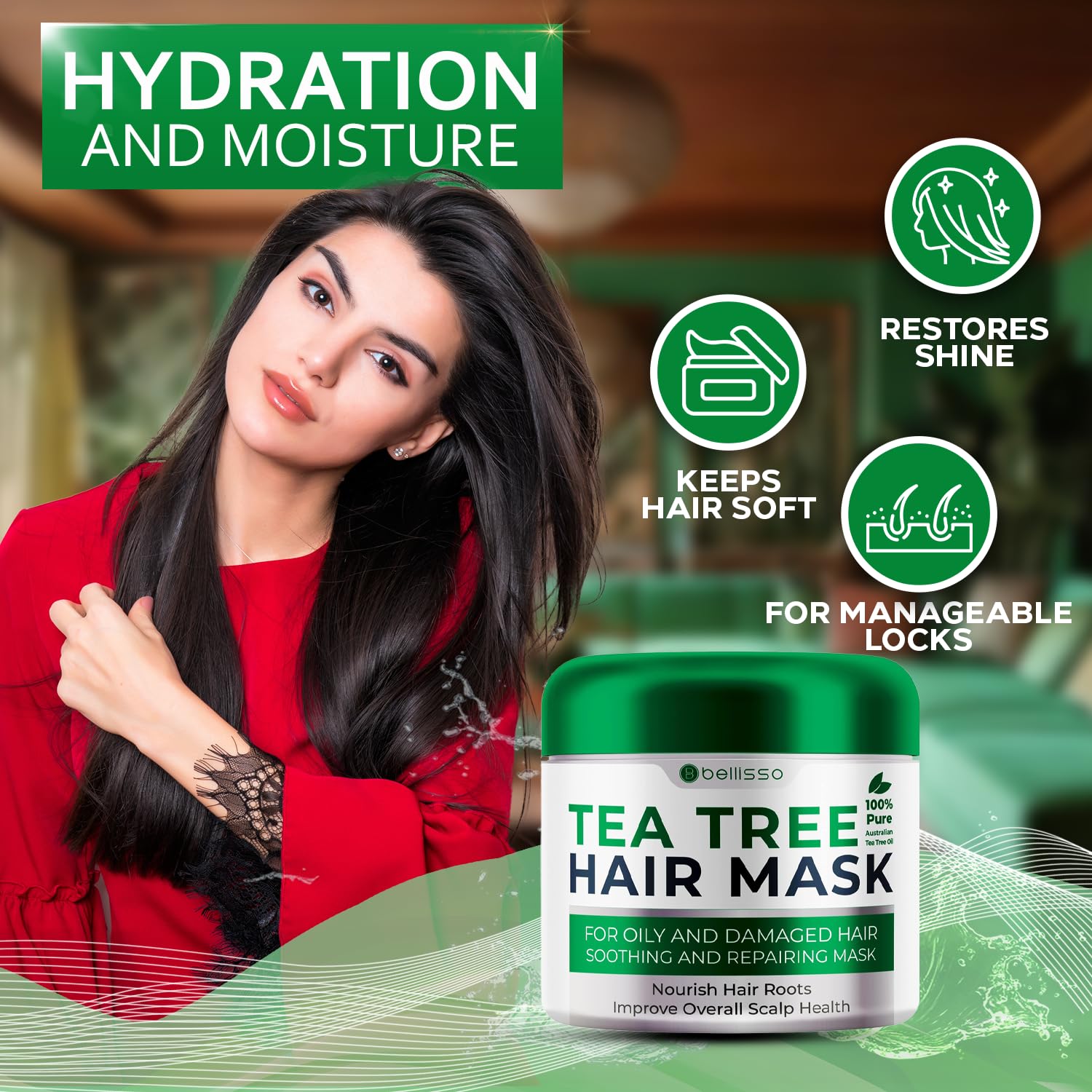 BELLISSO argan and jojoba oils with tea tree visually displaying nourishing botanical blend