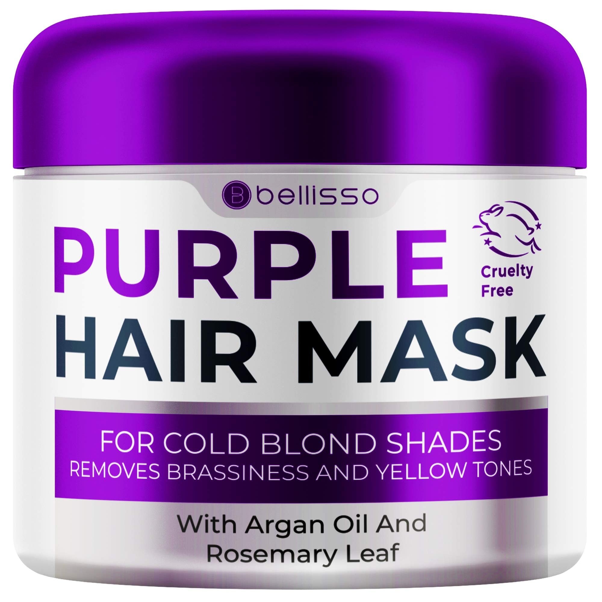 BELLISSO purple hair mask jar front view showing packaging and brand benefits