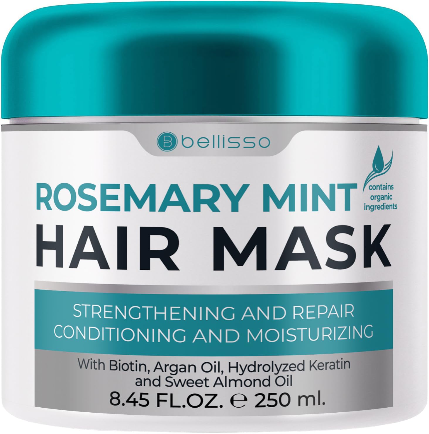 BELLISSO jar front view showing rosemary mint mask, clear hydration benefits
