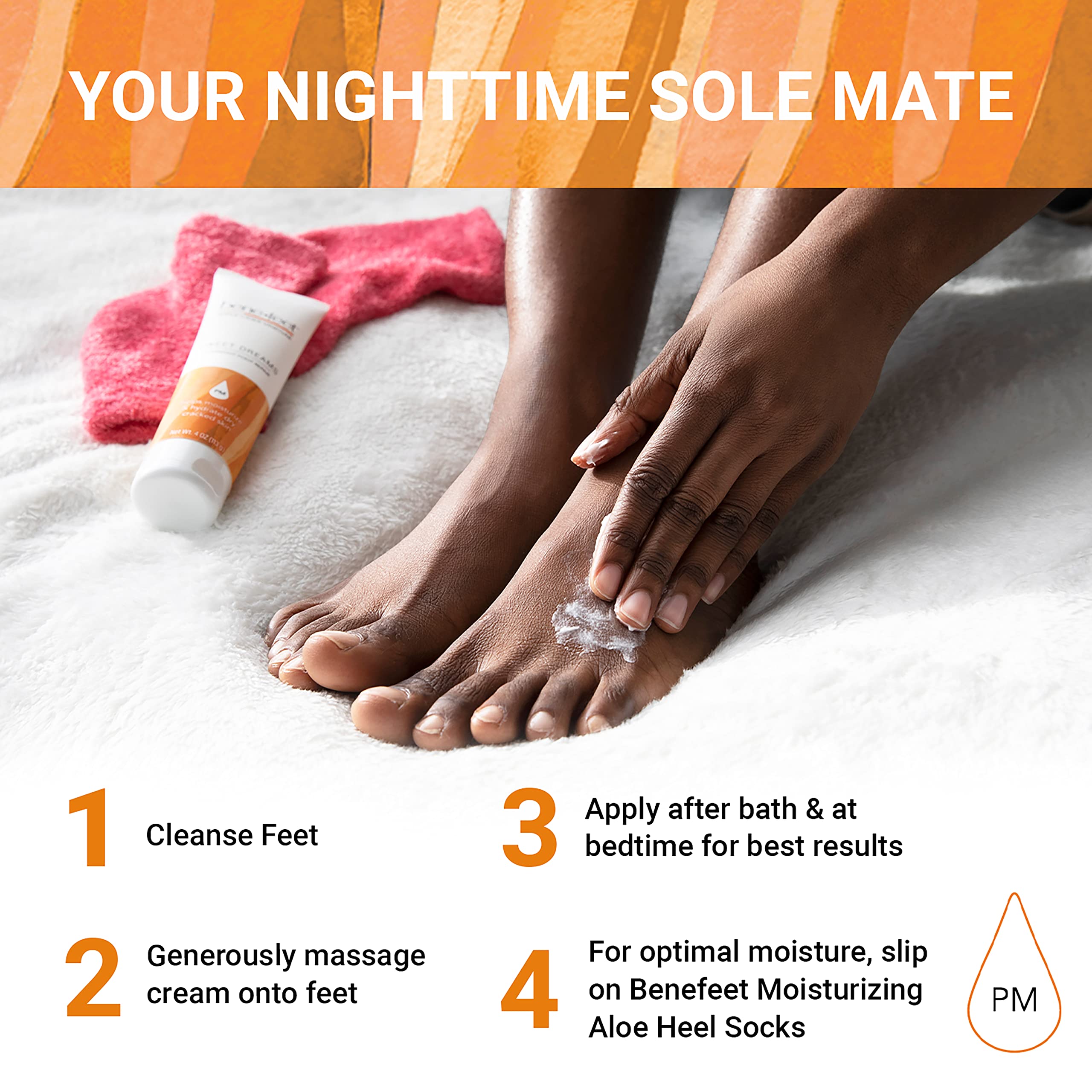 Benefeet being applied to heel demonstrating deep overnight hydration benefit
