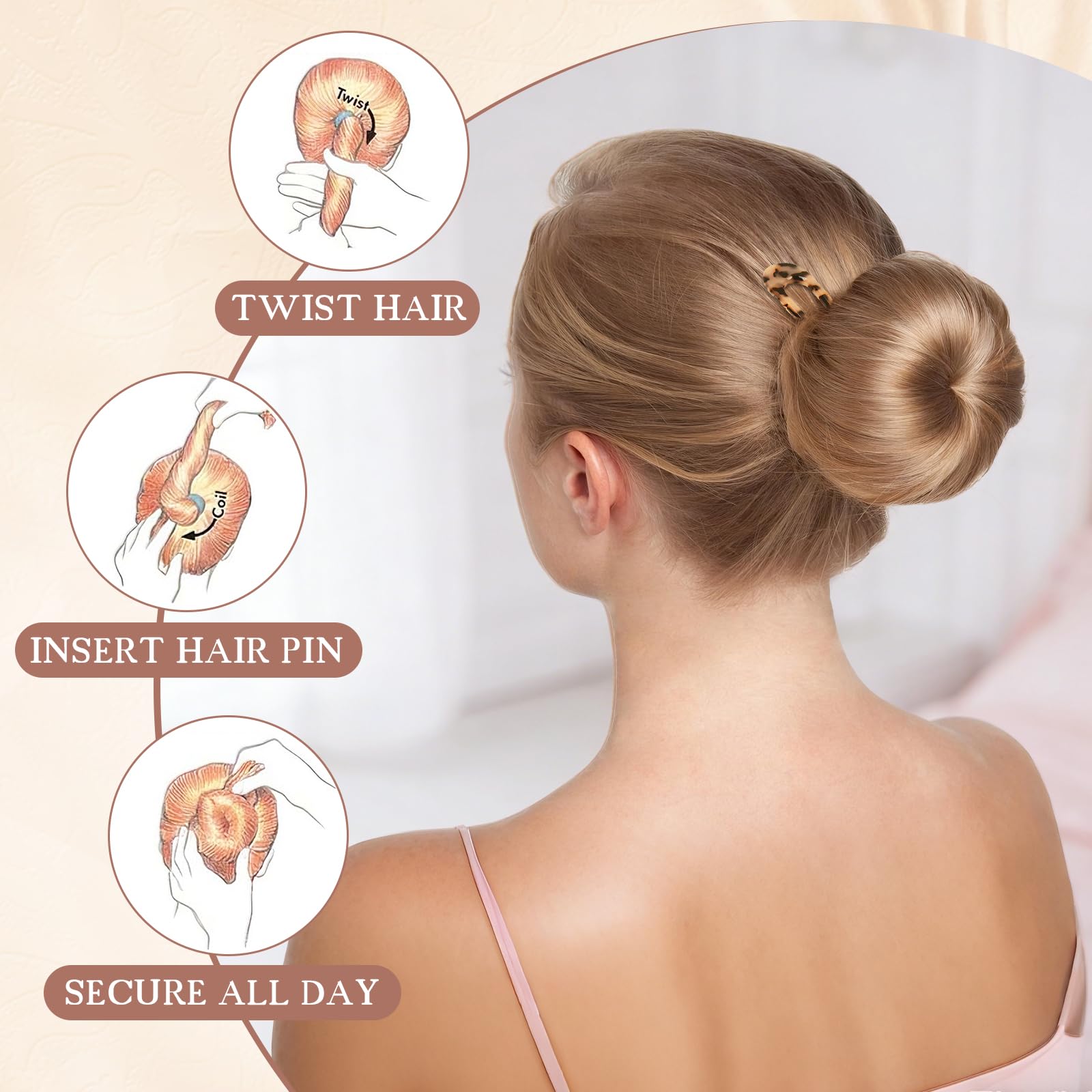 Benefree pin inserted in a bun demonstrating firm hold and neat finish
