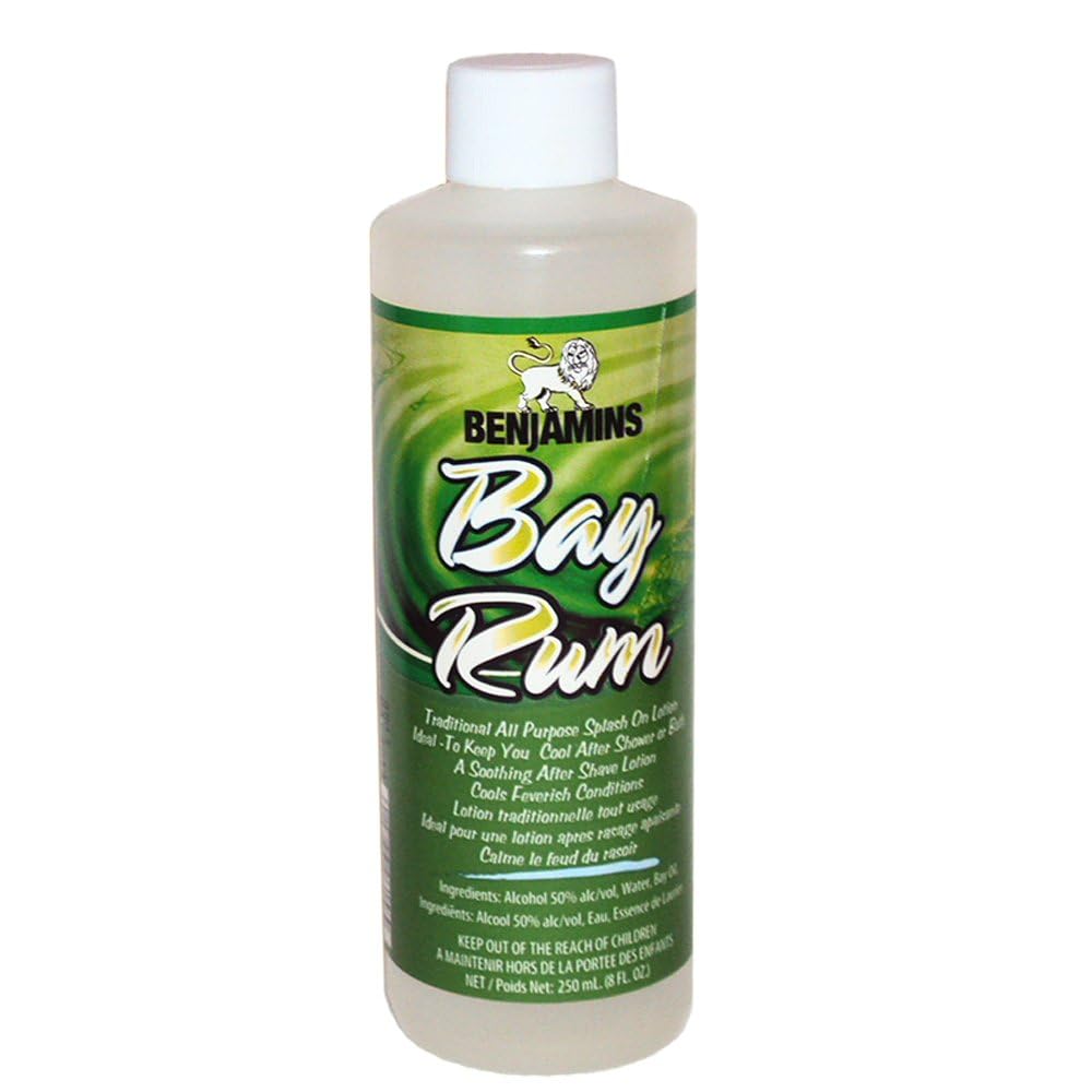 Benjamins bottle front view showing label and classic bay rum benefit