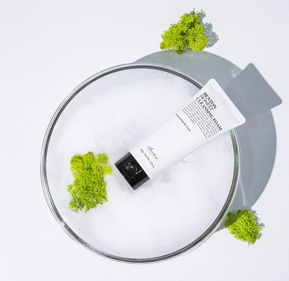 BENTON foam texture on cheek area, illustrating non-drying soothing benefit