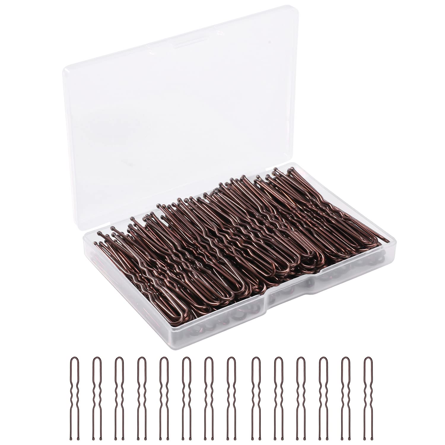 BEoffer front box of 200 brown U shaped hair pins, neat storage benefit