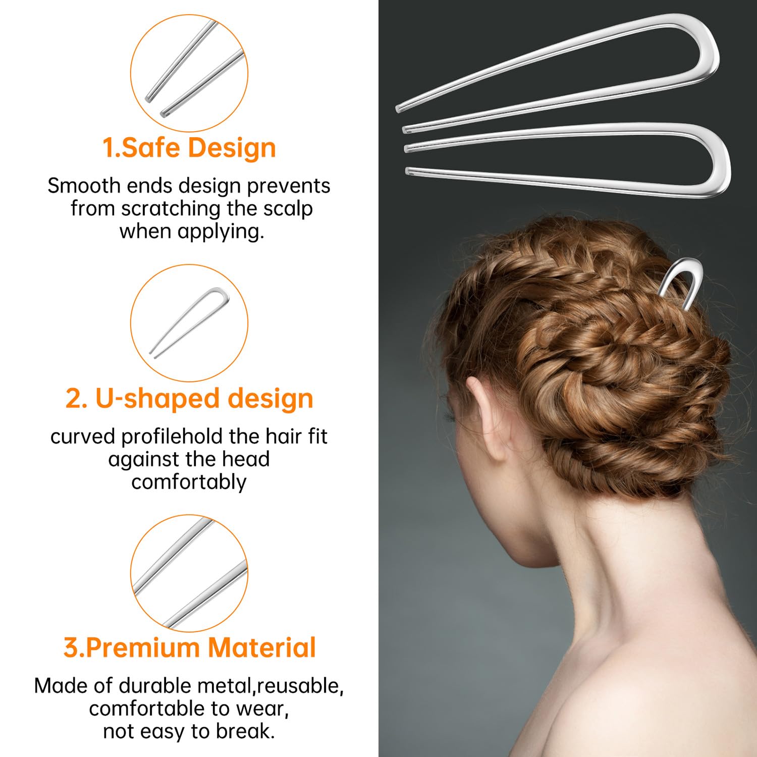 BEoffer pin securing a bun on model demonstrating secure hold and comfortable fit