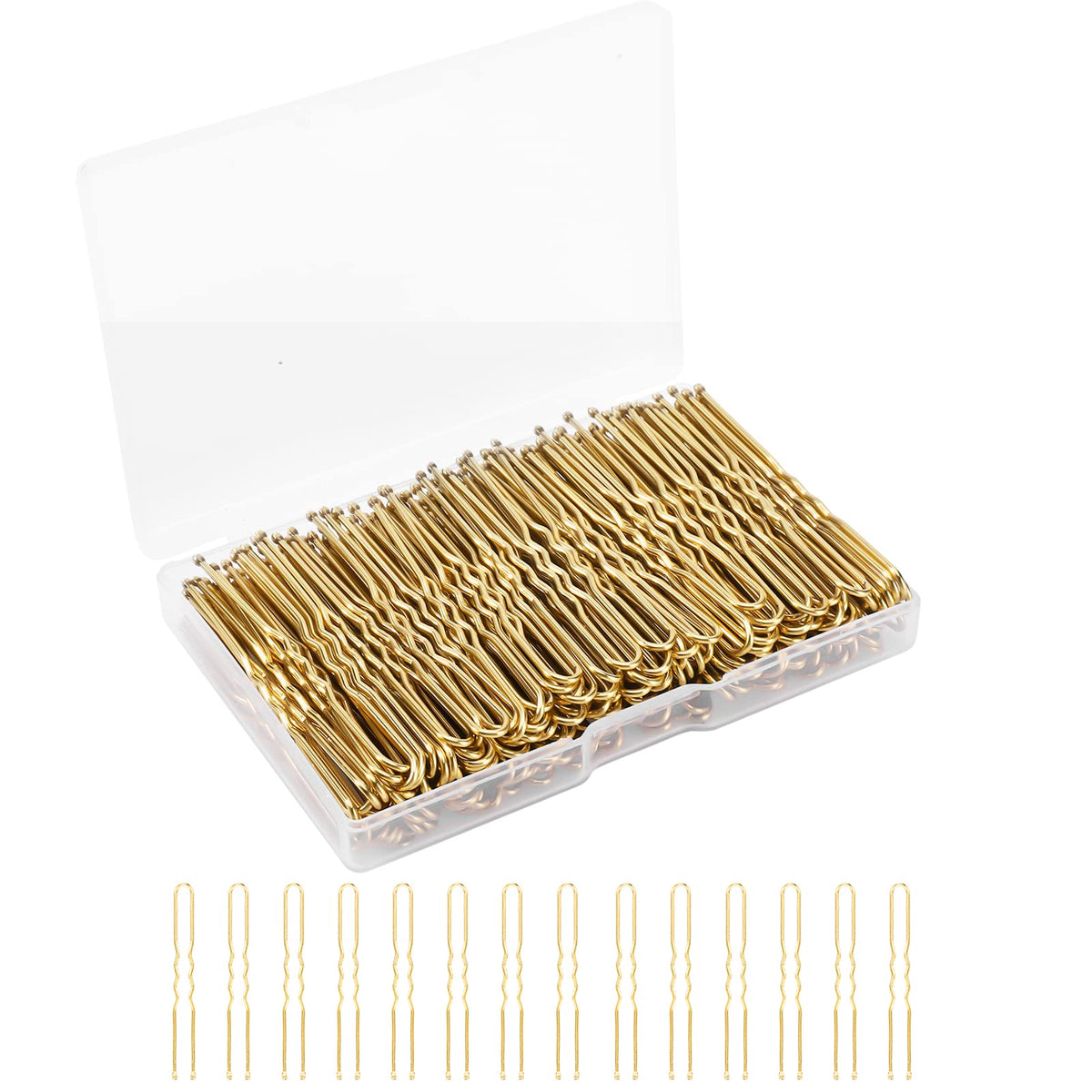 BEoffer front view of boxed 200-count gold U shaped hair pins showing neat storage and quantity