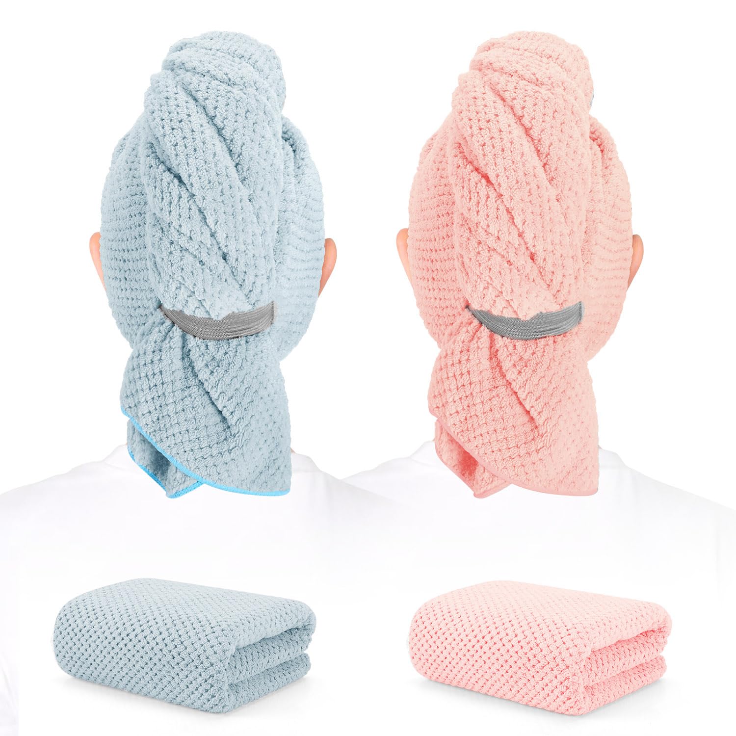 BEoffer front view of two hair towels showing size and color, fast drying