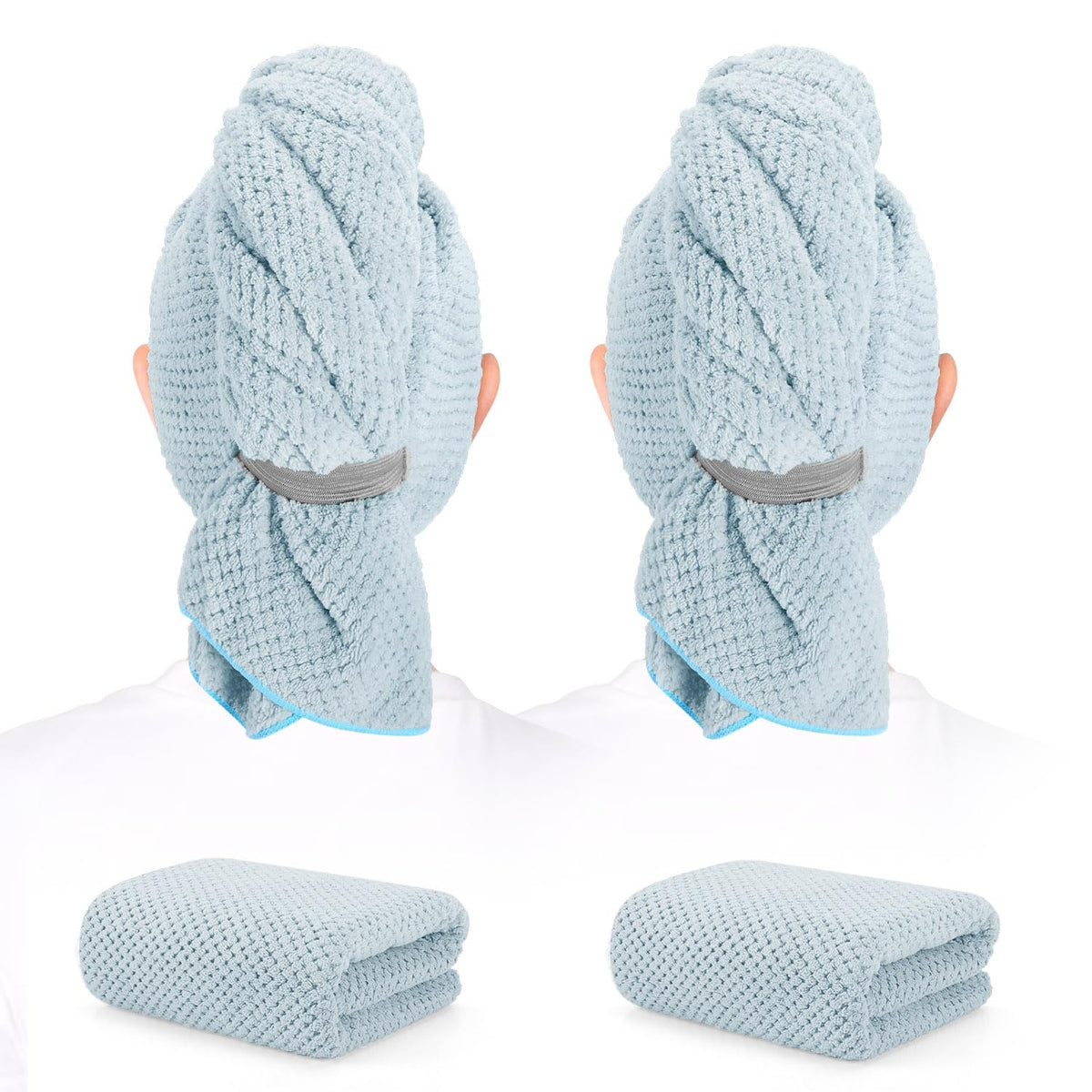 BEoffer front view of two towel wraps showing size and color benefits
