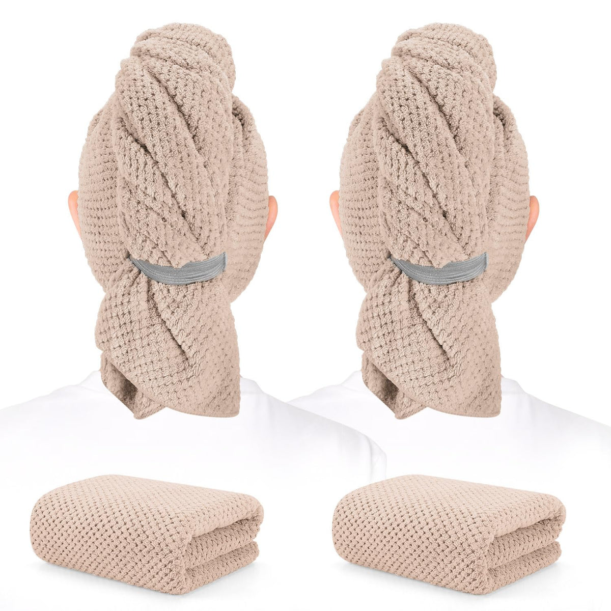 BEoffer front view of two towel pack showing size and color, fast-dry benefit