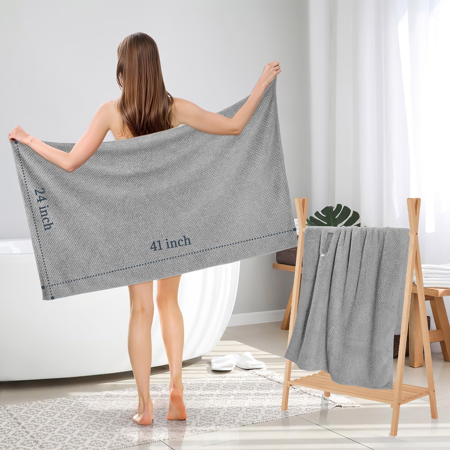 BEoffer towel next to hairbrush showing 41x24 inch size perspective