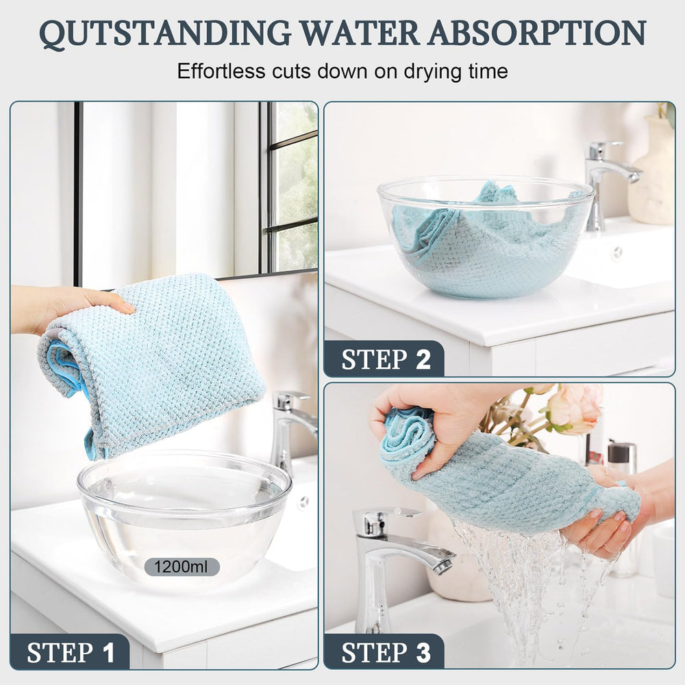 BEoffer towel wrapped on long hair demonstrating secure, lightweight dry