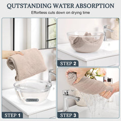 BEoffer towel wrapped on long hair model demonstrating secure fast drying